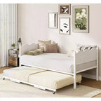 Daybed singolo con letto estraibile, struttura in metallo con testiera ondulata effetto legno, ruote bloccabili, divano letto salvaspazio, nessun box spring necessario