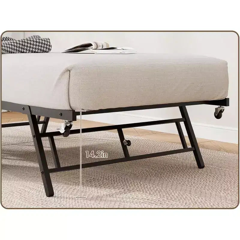 Daybed singolo con letto estraibile, struttura in metallo con testiera ondulata effetto legno, ruote bloccabili, divano letto salvaspazio, nessun box spring necessario