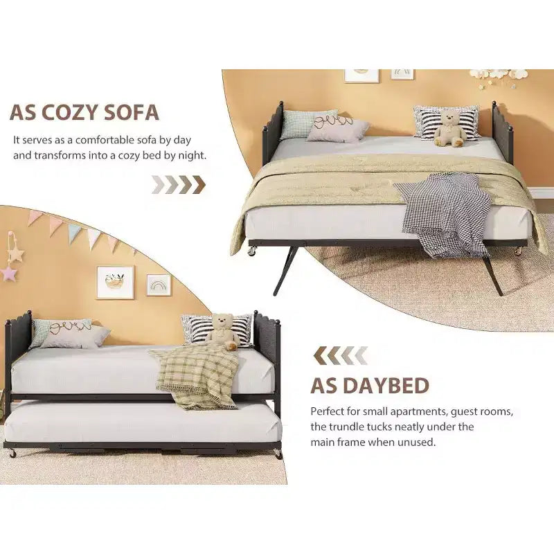 Daybed singolo con letto estraibile, struttura in metallo con testiera ondulata effetto legno, ruote bloccabili, divano letto salvaspazio, nessun box spring necessario
