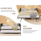 Daybed singolo con letto estraibile, struttura in metallo con testiera ondulata effetto legno, ruote bloccabili, divano letto salvaspazio, nessun box spring necessario