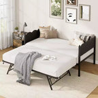 Daybed singolo con letto estraibile, struttura in metallo con testiera ondulata effetto legno, ruote bloccabili, divano letto salvaspazio, nessun box spring necessario