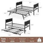 Twin Size Daybed with Trundle, Metal Frame with Wavy Wood Grain Headboard, Lockable Casters, Space-Saving Sofa Bed, No Box Spring Needed