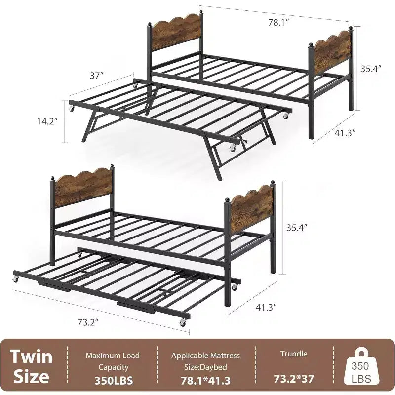 Daybed singolo con letto estraibile, struttura in metallo con testiera ondulata effetto legno, ruote bloccabili, divano letto salvaspazio, nessun box spring necessario