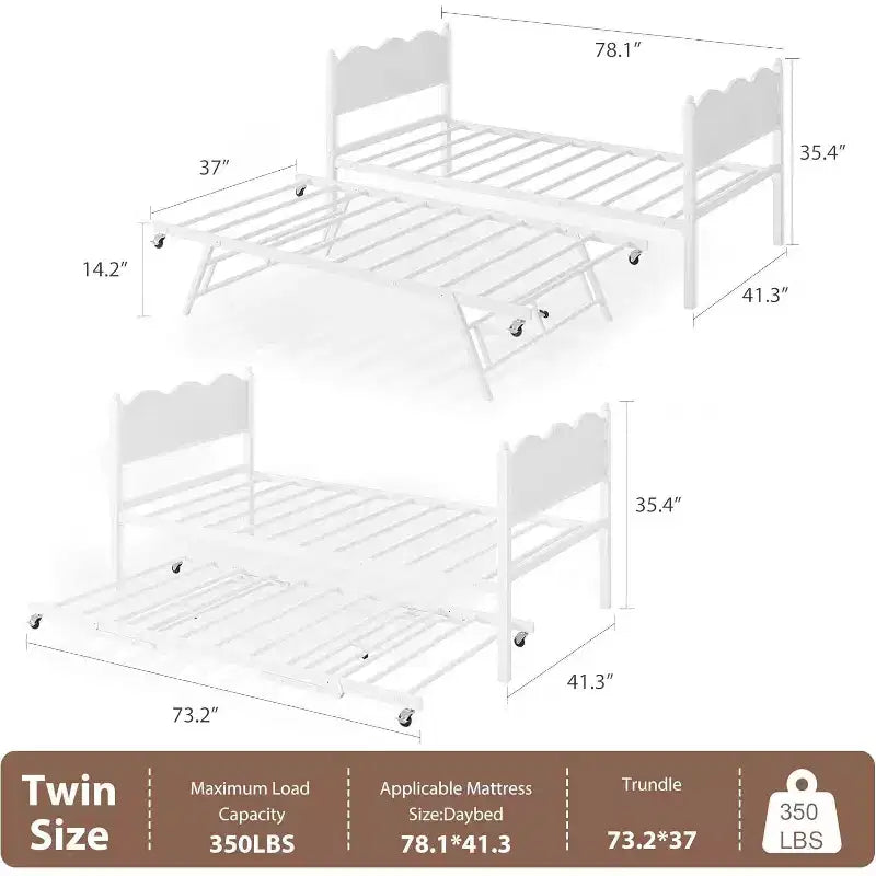 Daybed singolo con letto estraibile, struttura in metallo con testiera ondulata effetto legno, ruote bloccabili, divano letto salvaspazio, nessun box spring necessario