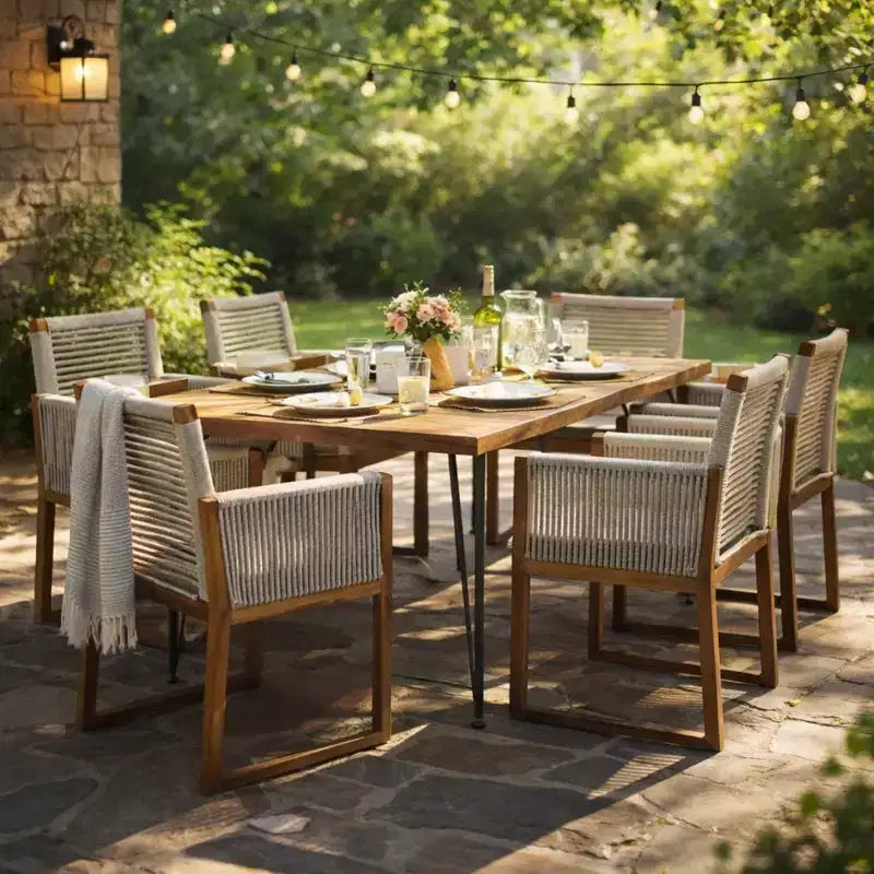 Christopher Knight Home Cristi Set da pranzo moderno per patio da 7 pezzi in acacia con tavolo a doghe, gambe in ferro e design in corda