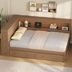 Letto angolare a grandezza naturale con cassetti portaoggetti, libreria, struttura letto a giorno in legno a forma di L con testiera a libreria per soggiorno