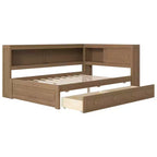 Letto angolare a grandezza naturale con cassetti portaoggetti, libreria, struttura letto a giorno in legno a forma di L con testiera a libreria per soggiorno
