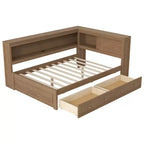 Letto angolare a grandezza naturale con cassetti portaoggetti, libreria, struttura letto a giorno in legno a forma di L con testiera a libreria per soggiorno