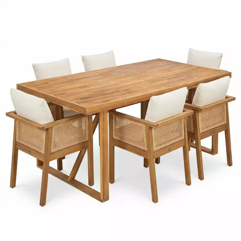 Christopher Knight Home William set da 7 pezzi, sedie da pranzo in legno di acacia rustico e rattan con tavolo a doghe per esterni