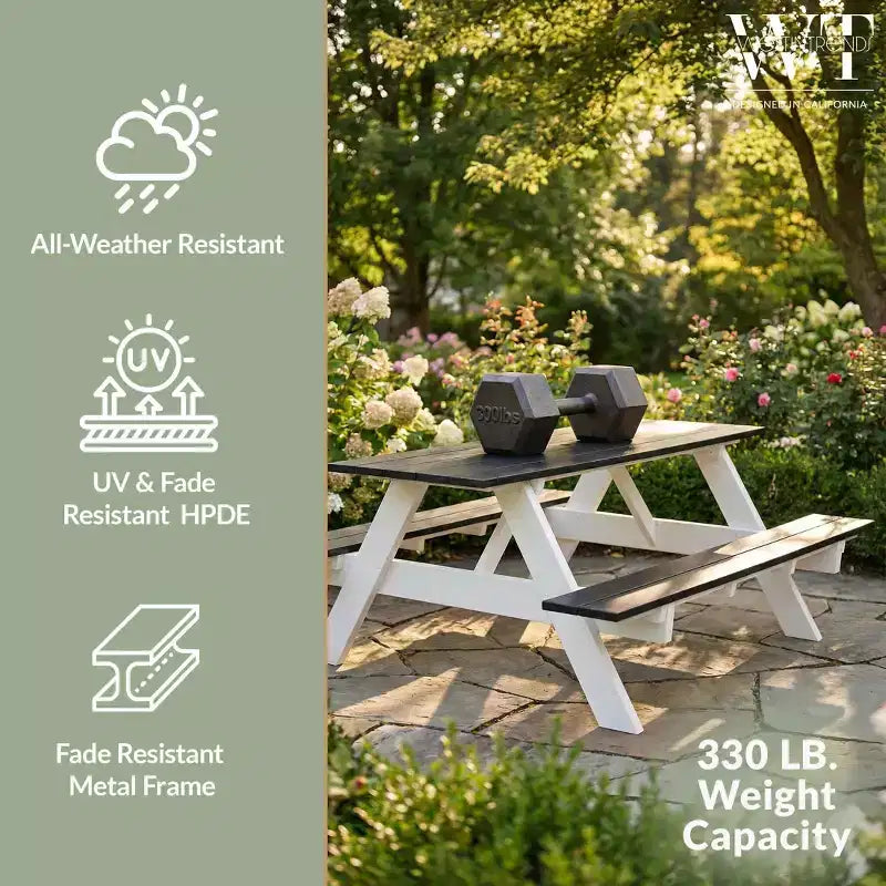 WestinTrends Tavolo da Picnic Esterno 70 HDPE con Panchina e Foro per Ombrellone, Nero