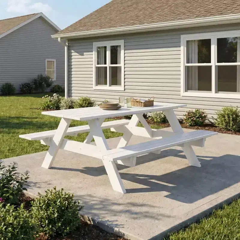 WestinTrends Tavolo da picnic e panche da esterno in plastica HDPE 70 con foro per ombrellone, bianco