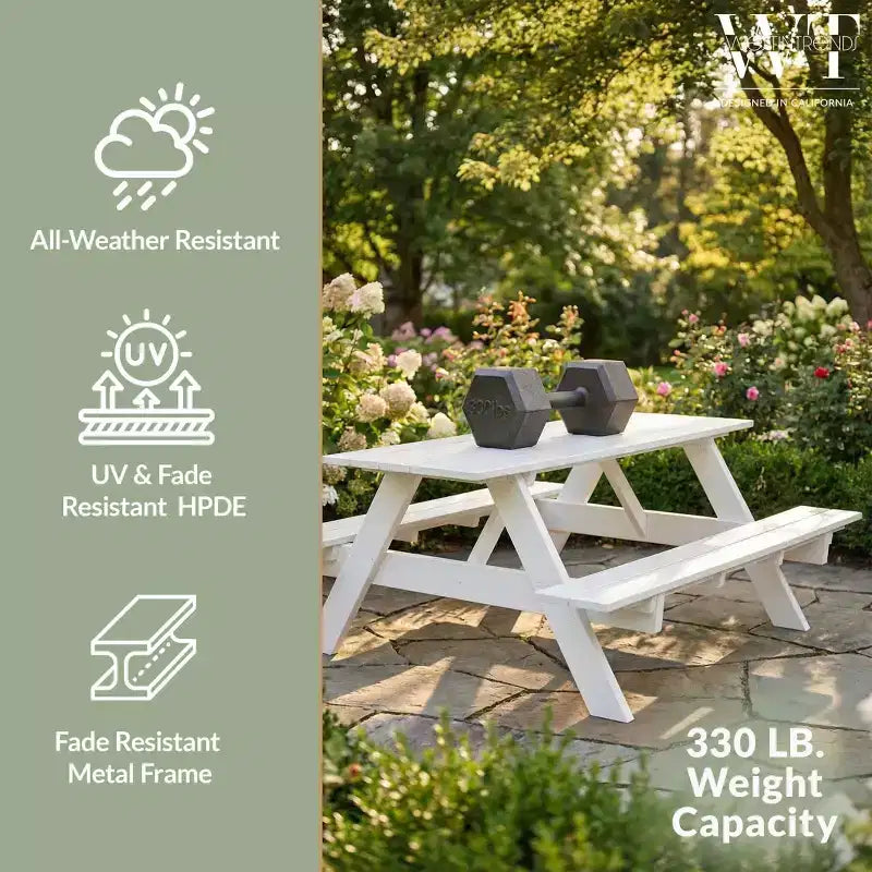 WestinTrends Tavolo da picnic e panche da esterno in plastica HDPE 70 con foro per ombrellone, bianco