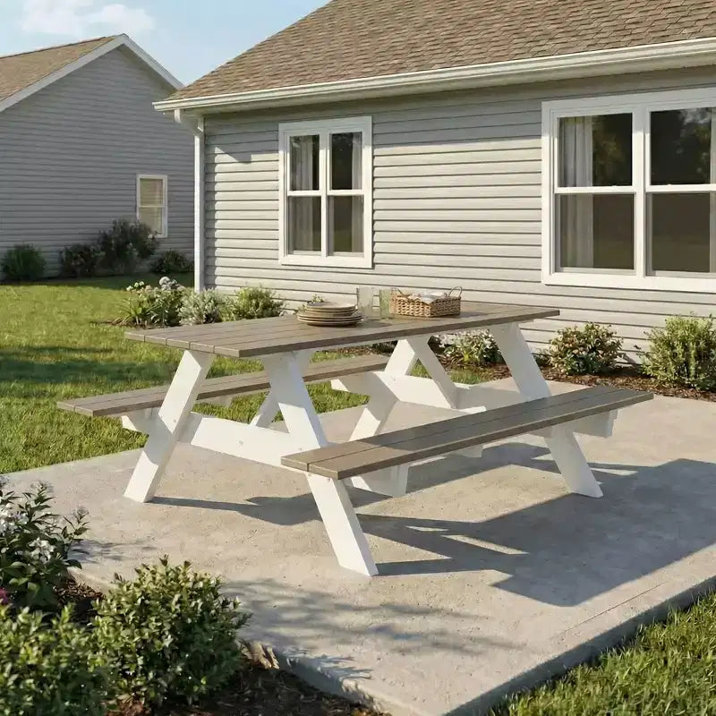 WestinTrends Greenville Tavolo da Picnic Esterno 70 in HDPE Plastica con Panca e Foro per Ombrellone, Legno Effetto Invecchiato