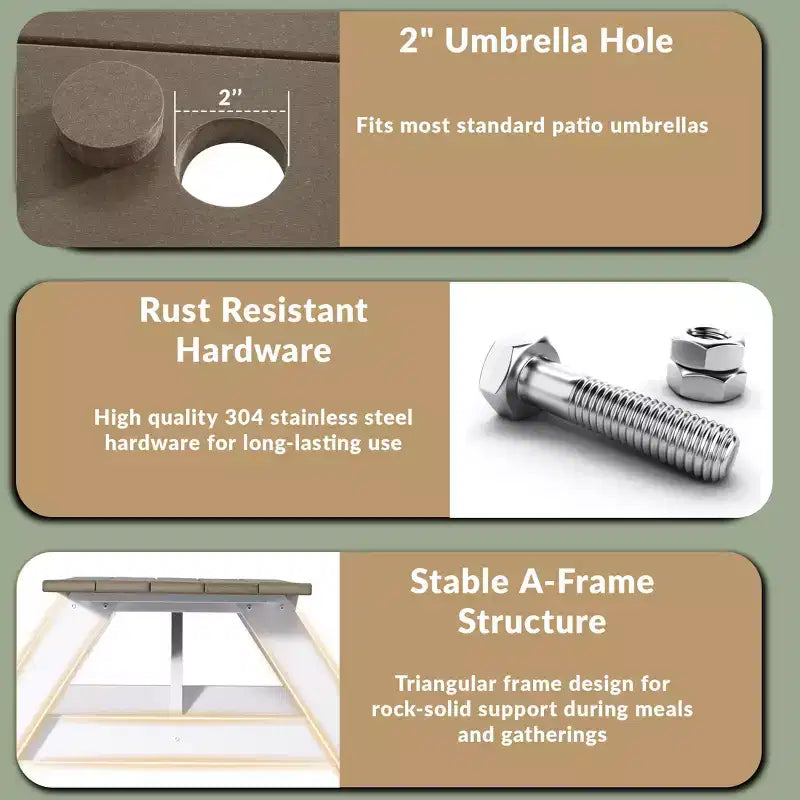 WestinTrends Greenville Tavolo da Picnic Esterno 70 in HDPE Plastica con Panca e Foro per Ombrellone, Legno Effetto Invecchiato