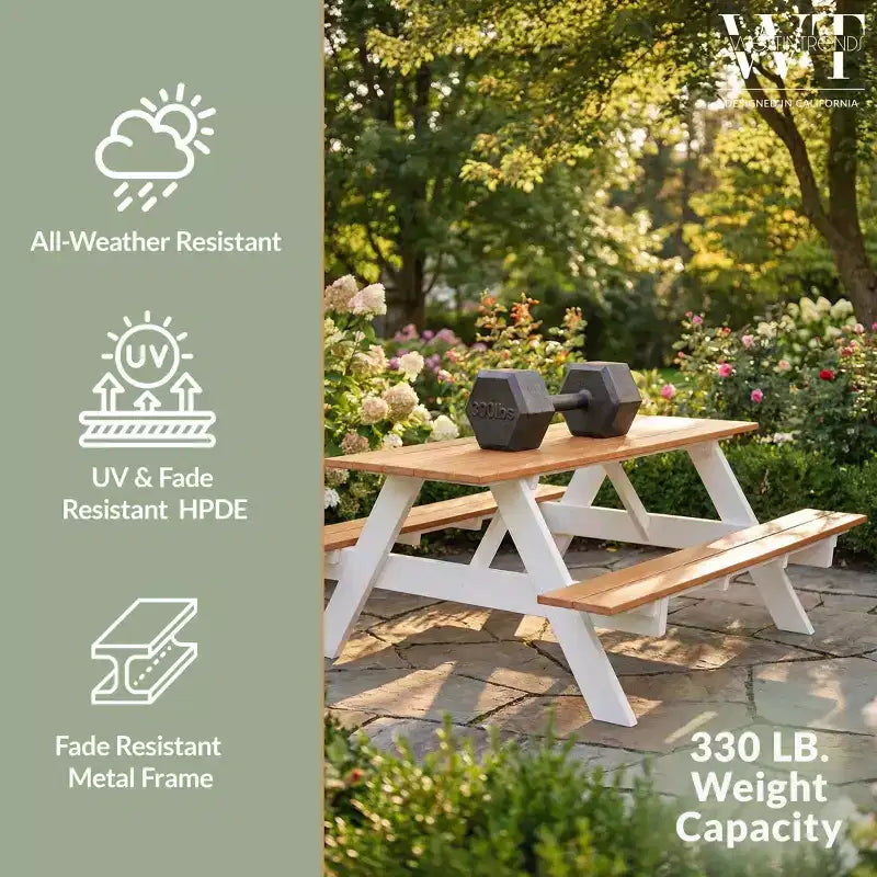 WestinTrends Tavolo da Picnic per Esterni 70 in Plastica HDPE con Foro per Ombrellone, Teak