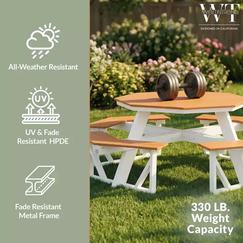 WestinTrends Greenville Tavolo da picnic ottagonale da esterno per 8 persone in HDPE 48", Teak
