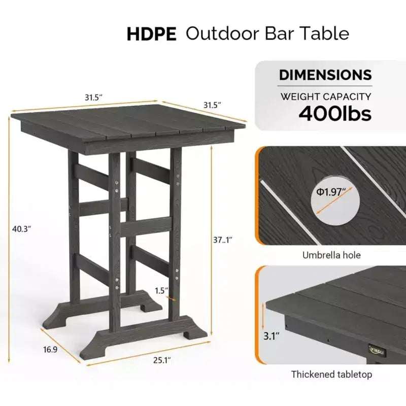 Tavolo da bar quadrato da esterno in HDPE grigio Karl Home da 31,5 pollici