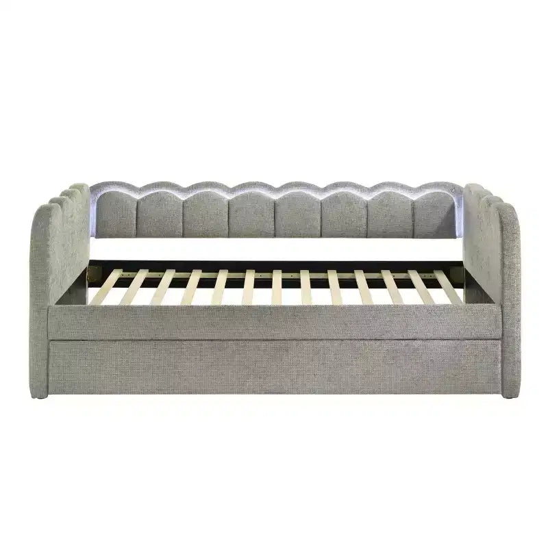 Divano letto moderno in legno imbottito con luci LED e letto estraibile Charlotte GDFStudio