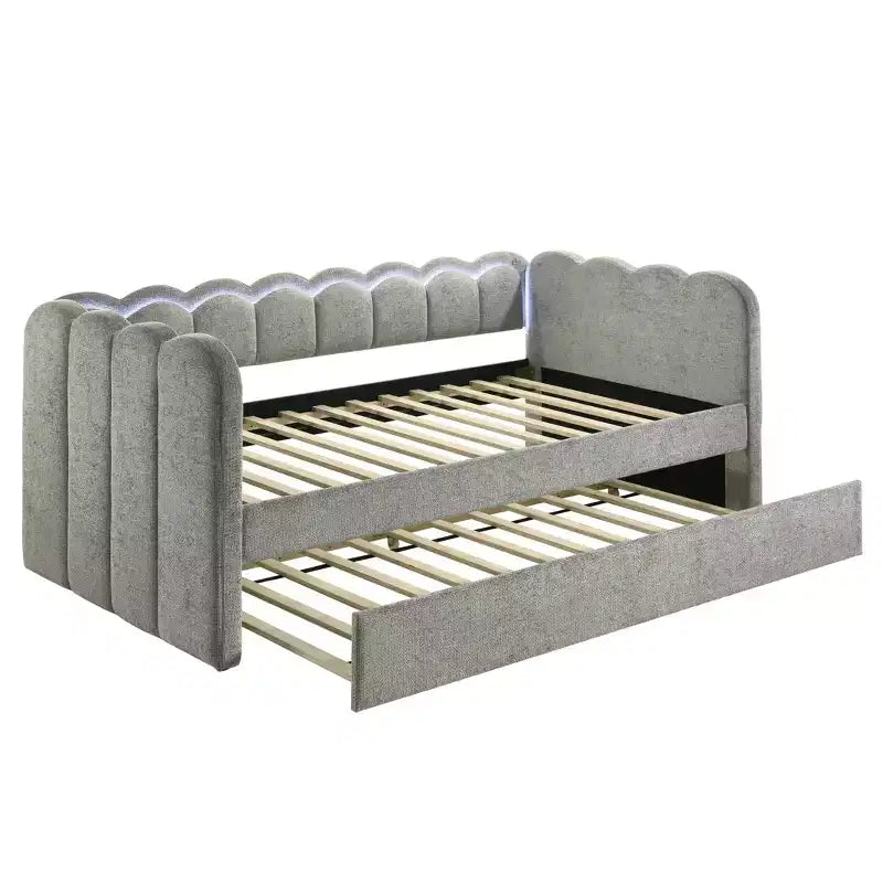Divano letto moderno in legno imbottito con luci LED e letto estraibile Charlotte GDFStudio
