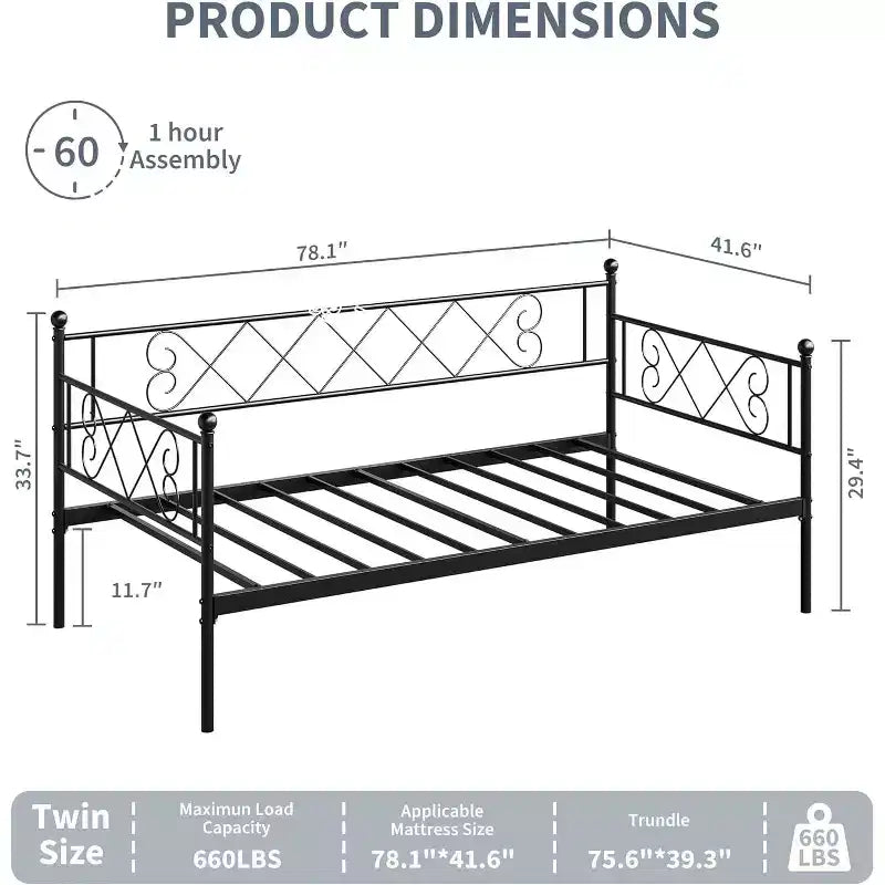 Daybed senza letto estraibile, letto singolo con testiera a forma di cuore, robusto divano letto in metallo per soggiorno/camera da letto/camera degli ospiti, facile da montare, nero