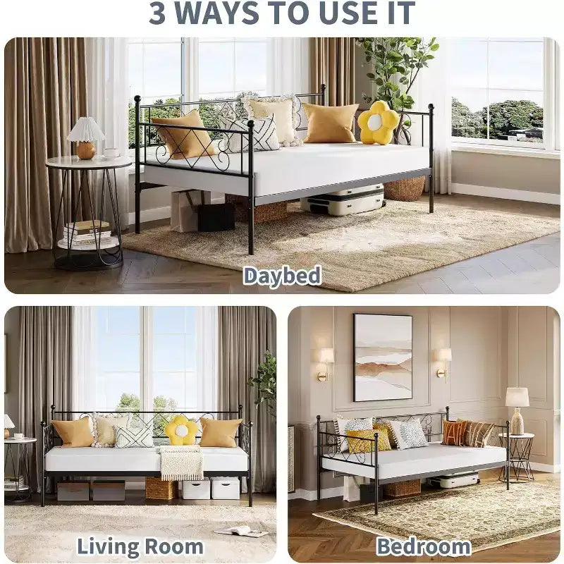 Daybed senza letto estraibile, letto singolo con testiera a forma di cuore, robusto divano letto in metallo per soggiorno/camera da letto/camera degli ospiti, facile da montare, nero