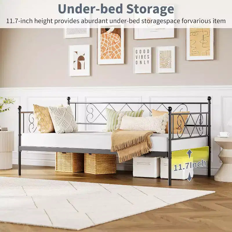 Daybed senza letto estraibile, letto singolo con testiera a forma di cuore, robusto divano letto in metallo per soggiorno/camera da letto/camera degli ospiti, facile da montare, nero