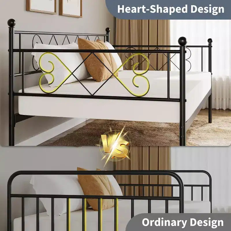 Daybed senza letto estraibile, letto singolo con testiera a forma di cuore, robusto divano letto in metallo per soggiorno/camera da letto/camera degli ospiti, facile da montare, nero
