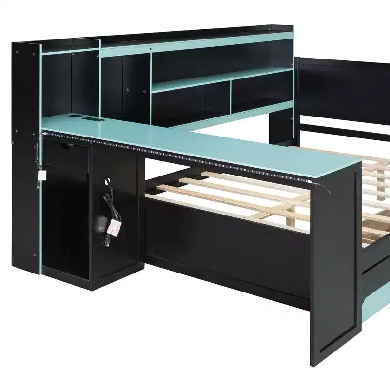 Divano letto da gioco Full/Queen Size con testiera a libreria, struttura letto a LED con scrivania integrata, cassetti e stazione di ricarica - ModernLuxe
