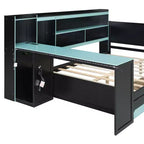Divano letto da gioco Full/Queen Size con testiera a libreria, struttura letto a LED con scrivania integrata, cassetti e stazione di ricarica - ModernLuxe