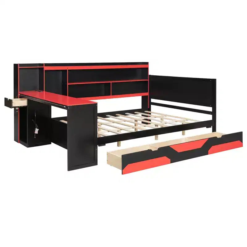 Divano letto da gioco Full/Queen Size con testiera a libreria, struttura letto a LED con scrivania integrata, cassetti e stazione di ricarica - ModernLuxe