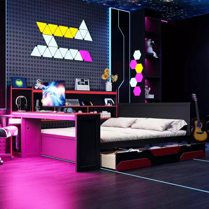 Divano letto da gioco Full/Queen Size con testiera a libreria, struttura letto a LED con scrivania integrata, cassetti e stazione di ricarica - ModernLuxe