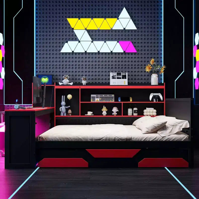 Divano letto da gioco Full/Queen Size con testiera a libreria, struttura letto a LED con scrivania integrata, cassetti e stazione di ricarica - ModernLuxe