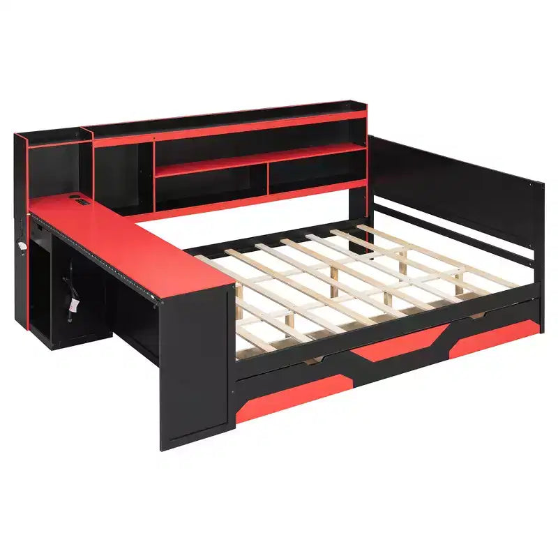 Divano letto da gioco Full/Queen Size con testiera a libreria, struttura letto a LED con scrivania integrata, cassetti e stazione di ricarica - ModernLuxe