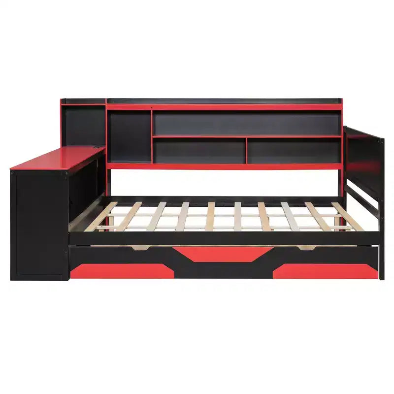 Divano letto da gioco Full/Queen Size con testiera a libreria, struttura letto a LED con scrivania integrata, cassetti e stazione di ricarica - ModernLuxe
