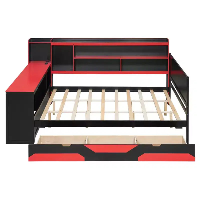 Divano letto da gioco Full/Queen Size con testiera a libreria, struttura letto a LED con scrivania integrata, cassetti e stazione di ricarica - ModernLuxe