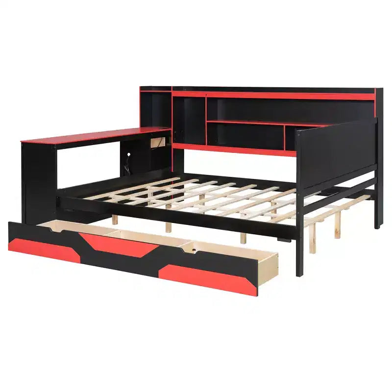 Divano letto da gioco Full/Queen Size con testiera a libreria, struttura letto a LED con scrivania integrata, cassetti e stazione di ricarica - ModernLuxe
