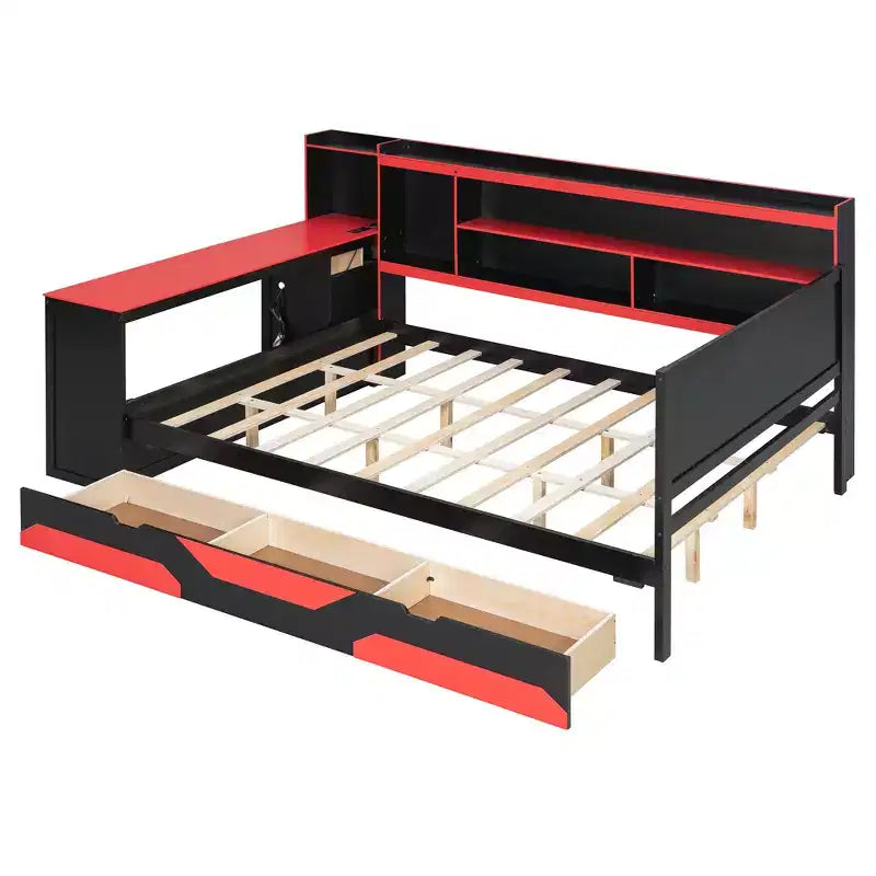 Divano letto da gioco Full/Queen Size con testiera a libreria, struttura letto a LED con scrivania integrata, cassetti e stazione di ricarica - ModernLuxe