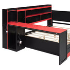 Divano letto da gioco Full/Queen Size con testiera a libreria, struttura letto a LED con scrivania integrata, cassetti e stazione di ricarica - ModernLuxe