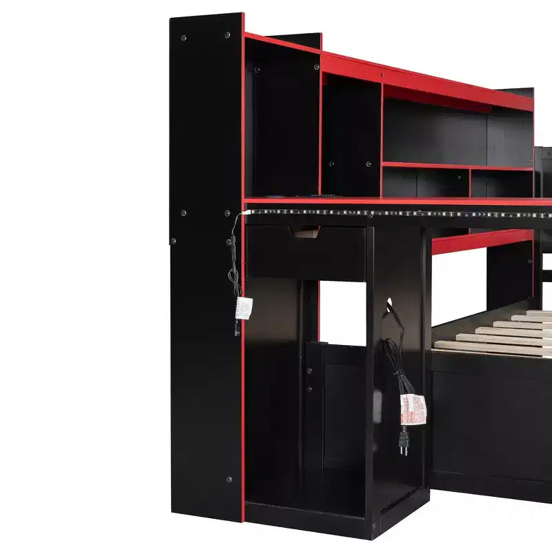Divano letto da gioco Full/Queen Size con testiera a libreria, struttura letto a LED con scrivania integrata, cassetti e stazione di ricarica - ModernLuxe