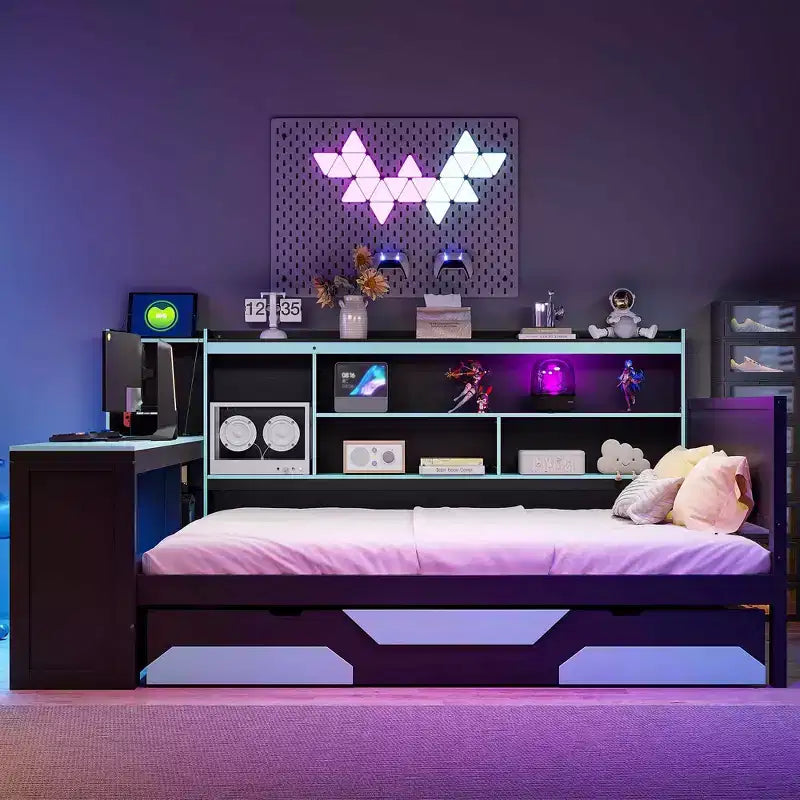Divano letto da gioco Full/Queen Size con testiera a libreria, struttura letto a LED con scrivania integrata, cassetti e stazione di ricarica - ModernLuxe