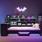 Divano letto da gioco Full/Queen Size con testiera a libreria, struttura letto a LED con scrivania integrata, cassetti e stazione di ricarica - ModernLuxe