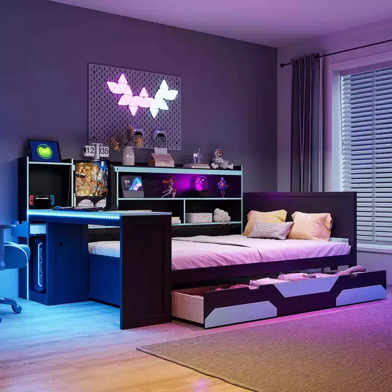 Divano letto da gioco Full/Queen Size con testiera a libreria, struttura letto a LED con scrivania integrata, cassetti e stazione di ricarica - ModernLuxe