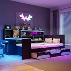 Divano letto da gioco Full/Queen Size con testiera a libreria, struttura letto a LED con scrivania integrata, cassetti e stazione di ricarica - ModernLuxe