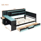 Divano letto da gioco Full/Queen Size con testiera a libreria, struttura letto a LED con scrivania integrata, cassetti e stazione di ricarica - ModernLuxe