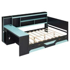Divano letto da gioco Full/Queen Size con testiera a libreria, struttura letto a LED con scrivania integrata, cassetti e stazione di ricarica - ModernLuxe