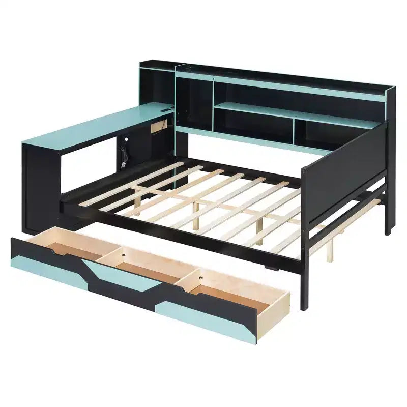 Divano letto da gioco Full/Queen Size con testiera a libreria, struttura letto a LED con scrivania integrata, cassetti e stazione di ricarica - ModernLuxe