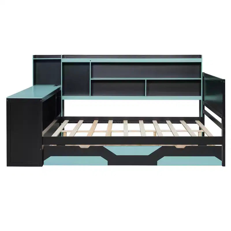 Divano letto da gioco Full/Queen Size con testiera a libreria, struttura letto a LED con scrivania integrata, cassetti e stazione di ricarica - ModernLuxe