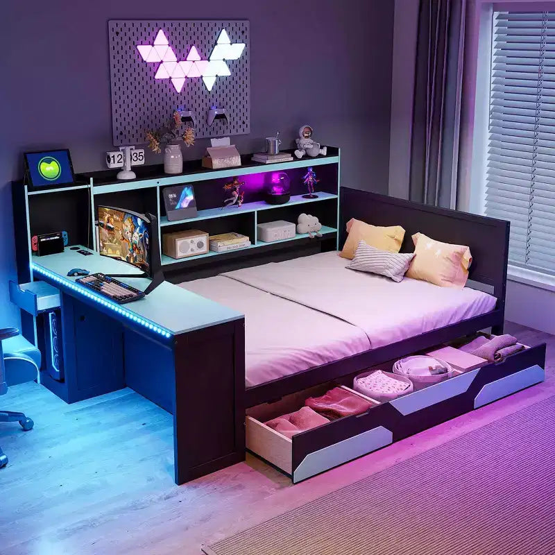 Full/Queen Size Gaming Daybed with Bookcase Headboard, LED Bed Frame with Integrated Desk, Drawers & Charging Station - ModernLuxe