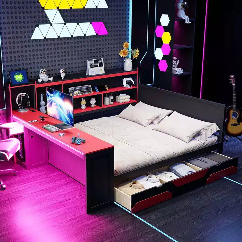 Divano letto da gioco Full/Queen Size con testiera a libreria, struttura letto a LED con scrivania integrata, cassetti e stazione di ricarica - ModernLuxe
