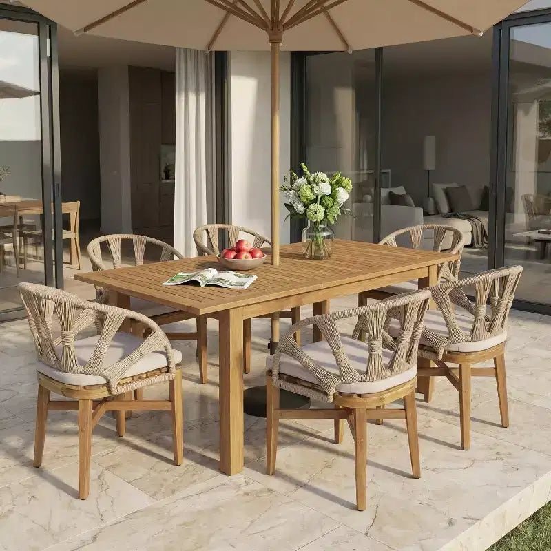 Christopher Knight Home Kenedy - Set da pranzo da esterno boho 7 pezzi in legno di acacia e vimini con tavolo allungabile a doghe